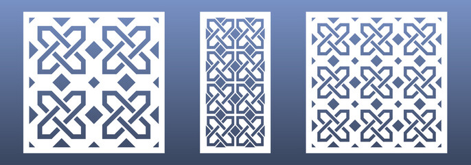 CNC laser cut panels with abstract geometric pattern.  Ornament with celtic  knots and motives. Room screens, wall art, card background.  Vector illustration