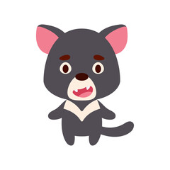 Cute little tasmanian devil on white background. Cartoon animal character for kids cards, baby shower, birthday invitation, house interior. Bright colored childish vector illustration.