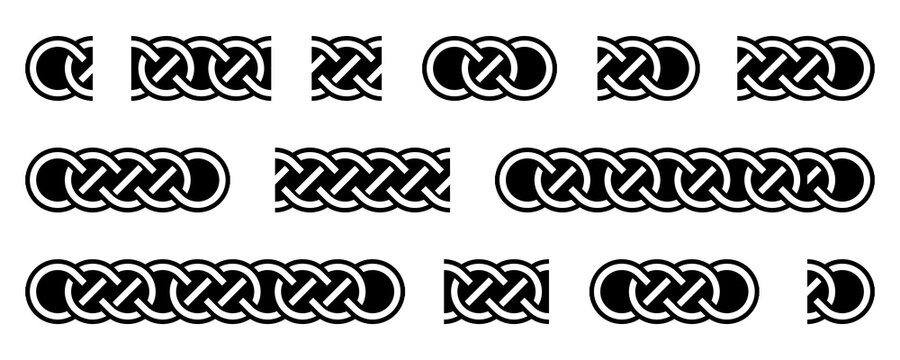 Celtic borders and knots. Traditional celtic ornament element, repear seamless pattern blocks. Braided black and white design for frame decoration. Vector illustration