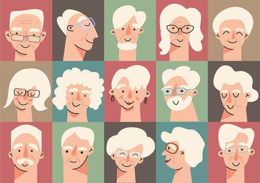 Senior People Avatar Big Bundle Set. Older User Pic, Different Human Mature Face Icons. Collection Of Grandparent Avatars. Bundle Of Joyful Smiling Pensioners