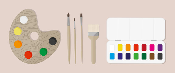 Fototapeta na wymiar Illustration of painter's palette, various brushes and watercolor paints. Flat style vector set illustration of artist's equipment.