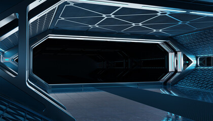 Obraz premium Dark blue spaceship futuristic interior mockup with window 3d rendering