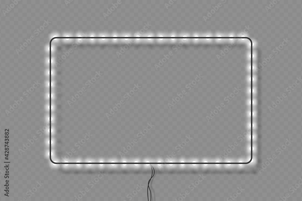 Leinwandbilder Rectangle frame with light bulbs on transparent background with shadow. Realistic border frame with glowing lamps. Vector illustrations.