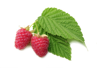 Two red ripe raspberries with green leaves isolated on a white background. Vitamins. Healthy vegetarian food.