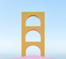 Yellow arc with copy space. Pastel pink color background. 80s 70s 60s vibe - 3d rendering. Architectural construction for bright summer advertisement. Empty space for goods. 