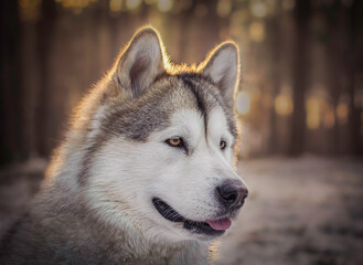 Dreamy portrait of Alaskan Malamute girl in a wintery forest of Kampinos National Park, Warsaw, Poland. Selective focus on the eyes of the pet, blurred background.