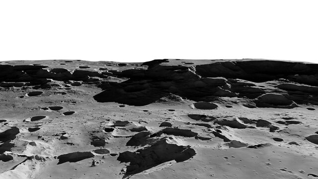 Moon surface, lunar landscape with impact crater isolated on white background
