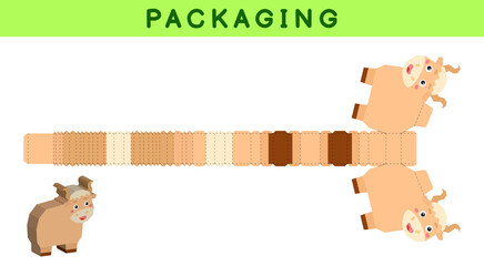 Party favor box die cut yak design for sweets, candies, small presents, bakery. Package template, great design for any purposes, birthdays, baby showers, pinata. Vector stock illustration.