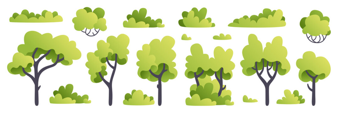 Trees set. Plants isolated. Forest background. Green color. Simple cute cartoon design. Flat style vector illustration. Nature and healthy lifestyle. Tree silhouette. Icons collection.