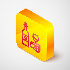 Isometric line Wine bottle with glass and cheese icon isolated on grey background. Romantic dinner. Yellow square button. Vector