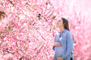 Pregnant woman in a field smelling flowers