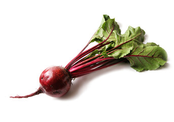 Fresh red beetroot with roots and leaves isolated on a white background.