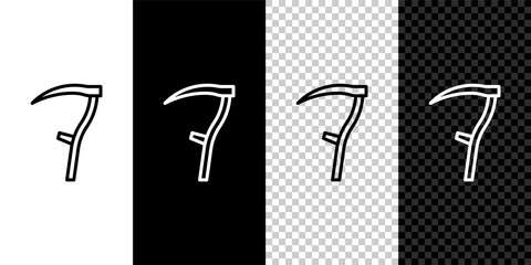 Set line Scythe icon isolated on black and white background. Happy Halloween party. Vector