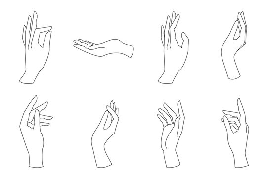 Woman's hand icon outline style. Elegant female hands of different gestures in a trendy minimal linear style. To create prints, logos and designs.
