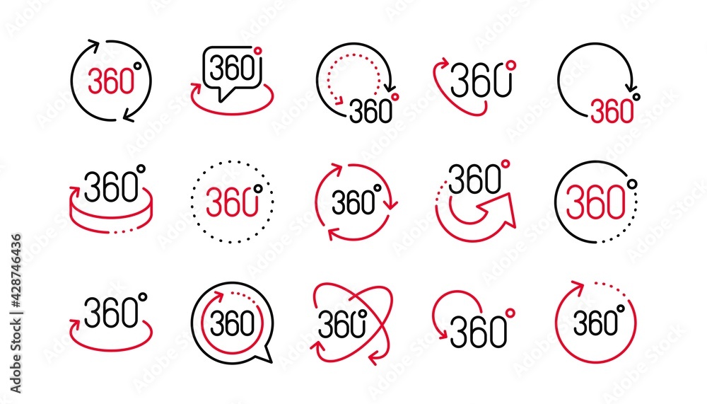 Aufkleber 360 degrees line icons. rotate arrow, vr panoramic simulation and augmented reality. 360 degrees vir