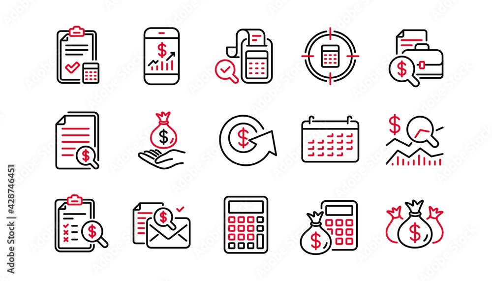 Poster accounting line icons. report, calculator and checklist. money linear icon set. linear set. quality 