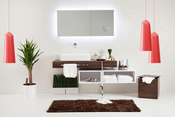 clean bathroom style and interior decorative design, wooden cabinets