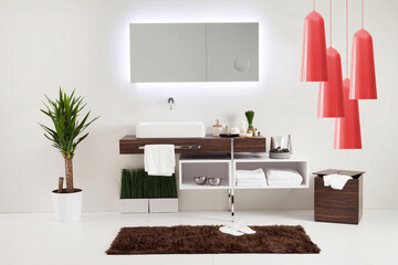 clean bathroom style and interior decorative design, wooden cabinets