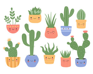 Set van schattige vetplanten cactus met lachend gezicht, Mexicaanse tropische huisplanten grote collectie. Hand getekende vector illustraties, illustratie in moderne trendy platte cartoon stijl, geïsoleerd op een witte achtergrond