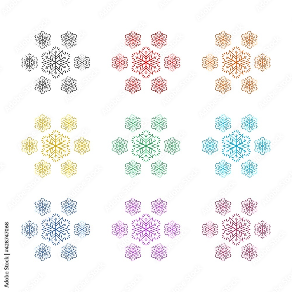 Sticker Snowflake Icon isolated on white background color set