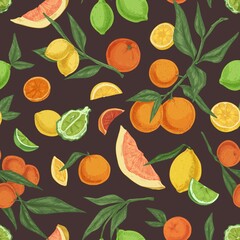 Seamless fruity pattern with different citrus fruits on black background. Endless repeatable texture with realistic oranges, lemons and limes. Hand-drawn colored vector illustration for printing