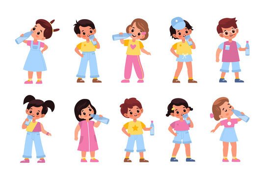 Kids drink water. Funny little children with glasses and bottles, thirsty boys and girls liquid consumption, body hydration, educational healthcare concept. Vector cartoon isolated set
