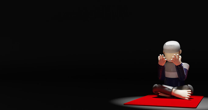 3D illustration of a muslims praying while raising his hand and sitting cross-legged on black spotlight background
