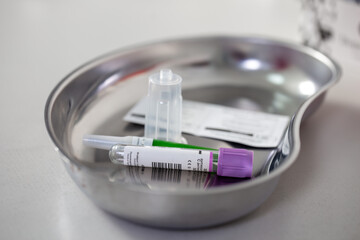medical kit for vaccination. Syringe and vaccine on a tray