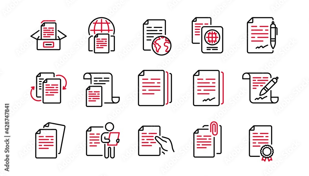 Poster documents line icons set. copy files, contract agreement, passport. cv interview, documents workflow