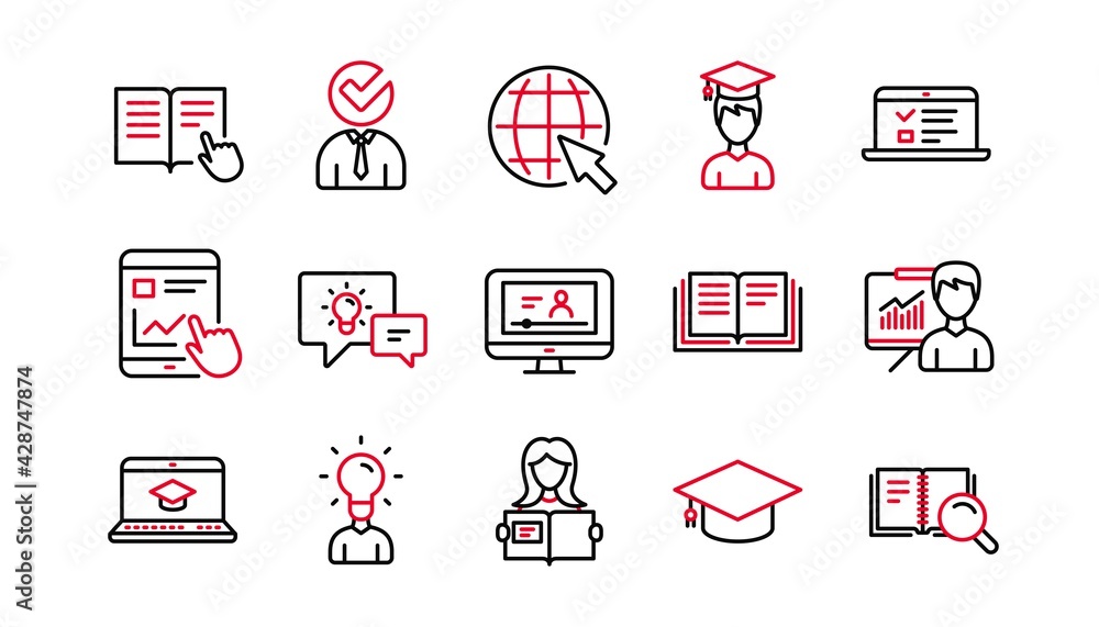 Poster education line icons. book, video tutorial and instructions. presentation linear icon set. linear se