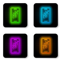 Glowing neon line Smartphone with broken screen icon isolated on white background. Shattered phone screen icon. Black square button. Vector