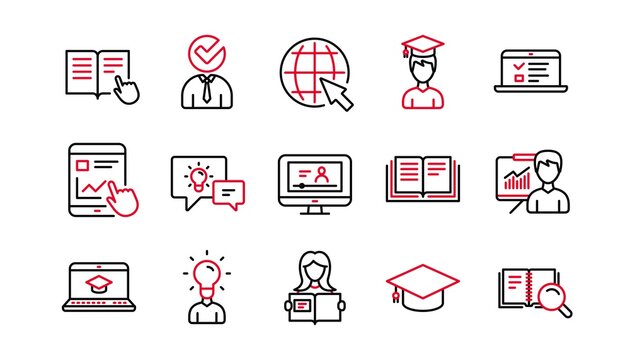 Education line icons. Book, Video tutorial and Instructions. Presentation linear icon set. Linear set. Quality line set. Vector