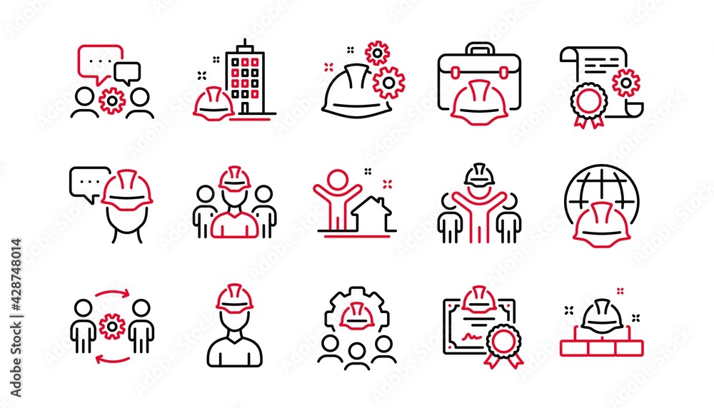 Poster engineering line icons set. technical documentation, teamwork and people. blueprint with gear, engin