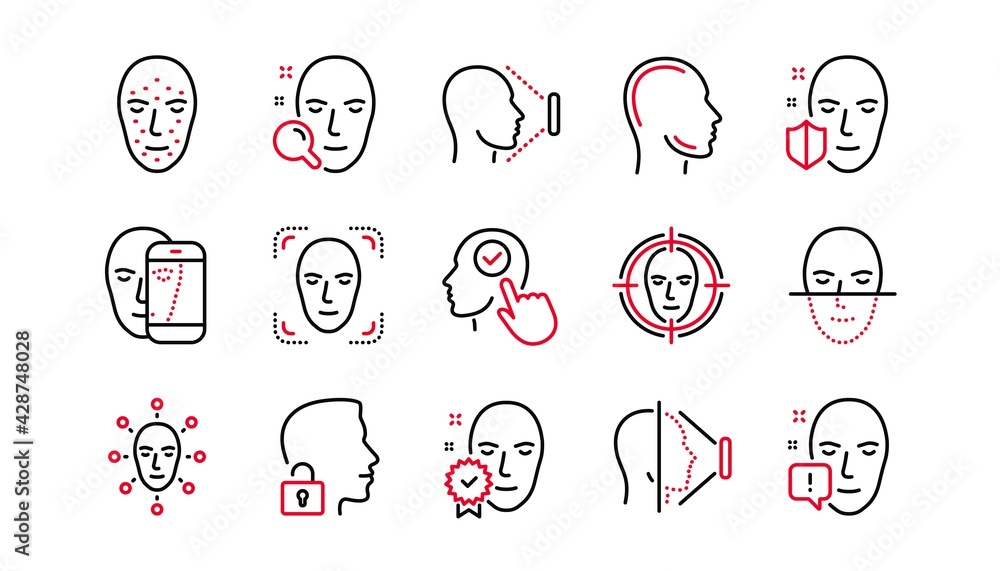 Poster face recognize line icons. biometrics detection, face id and scanning. identification linear icon se