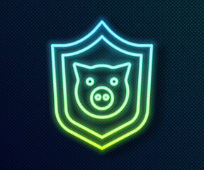 Glowing neon line Shield with pig icon isolated on black background. Animal symbol. Vector