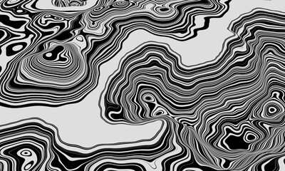 3D rendering. Black and white mountain contour lines. Topographic terrain.