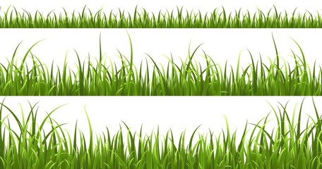 Green grass horizontal borders. Lawn shape meadow landscape collection, panorama summer nature herbs, bright hedge pattern, spring decorative elements, botanical frame vector isolated set