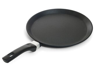 Black  pancake frying pan isolated on white background