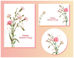 Set of templates for Mother's Day (vertical, horizontal, round): carnation schabaud: red, pink, white flowers, green leaves, white background, hand draw, vintage botanical illustration, vector