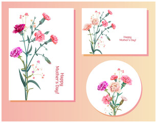 Set of templates for Mother's Day (vertical, horizontal, round): carnation schabaud: red, pink, white flowers, green leaves, white background, hand draw, vintage botanical illustration, vector