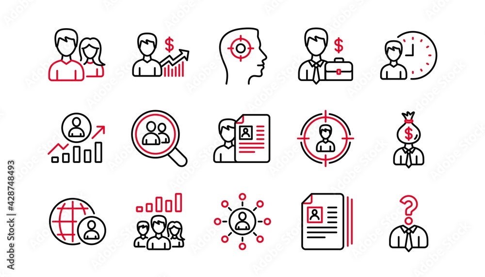 Poster human resources icons. head hunting, job center and user. interview linear icon set. linear set. qua