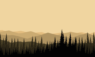 A quiet morning with a scenic background of mountains and forests. Vector illustration