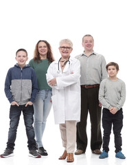 happy family and their family doctor standing together.