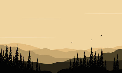 Bright morning skies with panoramic views of the mountains and forests from the suburbs. Vector illustration