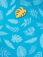 Fototapeta na wymiar Natural pattern with yellow palm leaf among blue palm leaves on pastel blue background. Summer tropical exotic layout. Minimal individuality, independence, leadership and uniqueness concept. Flat lay.