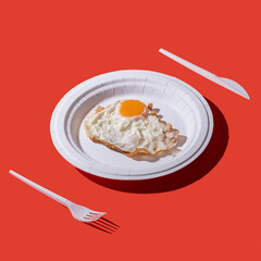 fried egg on a paper plate with plastic cutlery on a red background.stock photo