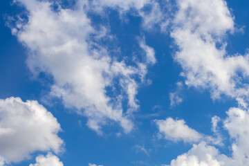 Beautiful summer sky with white cumulus fluffy clouds background.