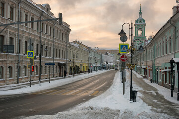 Moscow,  View of the Pyatnitskaya street on a frosty winter morning after heavy snow.