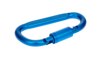 Blue of carabiner isolated on a white background.