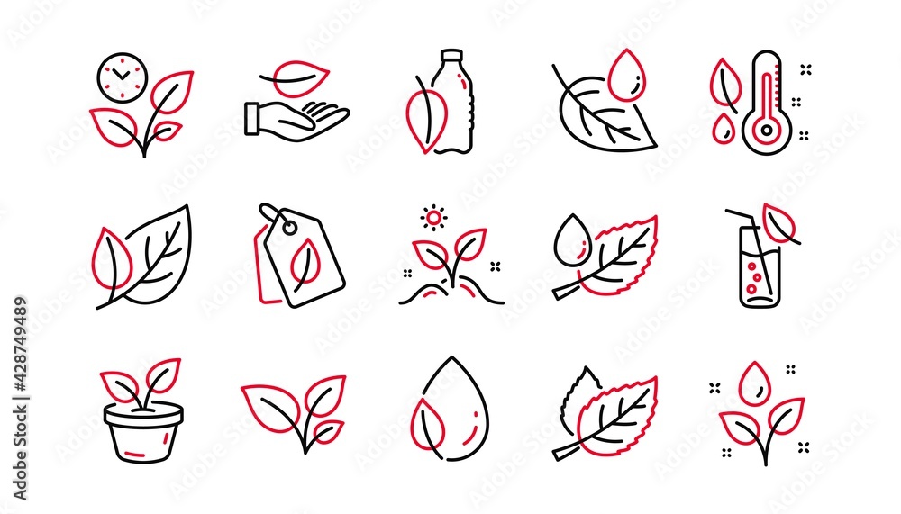 Poster plants line icons. leaf, growing plant and humidity thermometer. water drop linear icon set. linear 